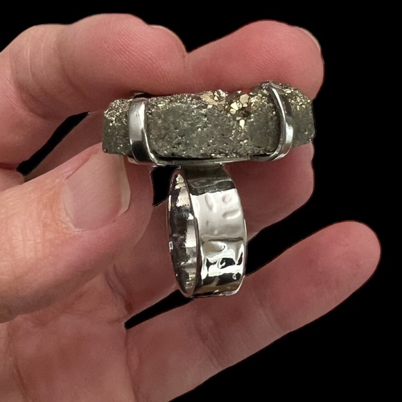 Silver Pyrite Druzy Adjustable Ring - Picture 3 of 11